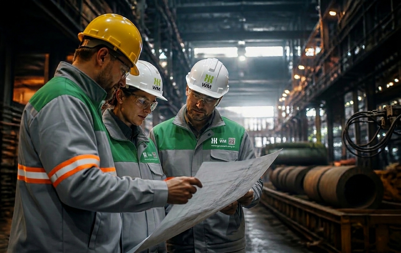 Engenheiros analisando projeto dentro de uma planta industrial